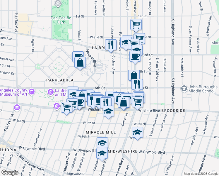 map of restaurants, bars, coffee shops, grocery stores, and more near 5566 West 6th Street in Los Angeles