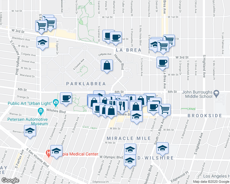map of restaurants, bars, coffee shops, grocery stores, and more near in Los Angeles