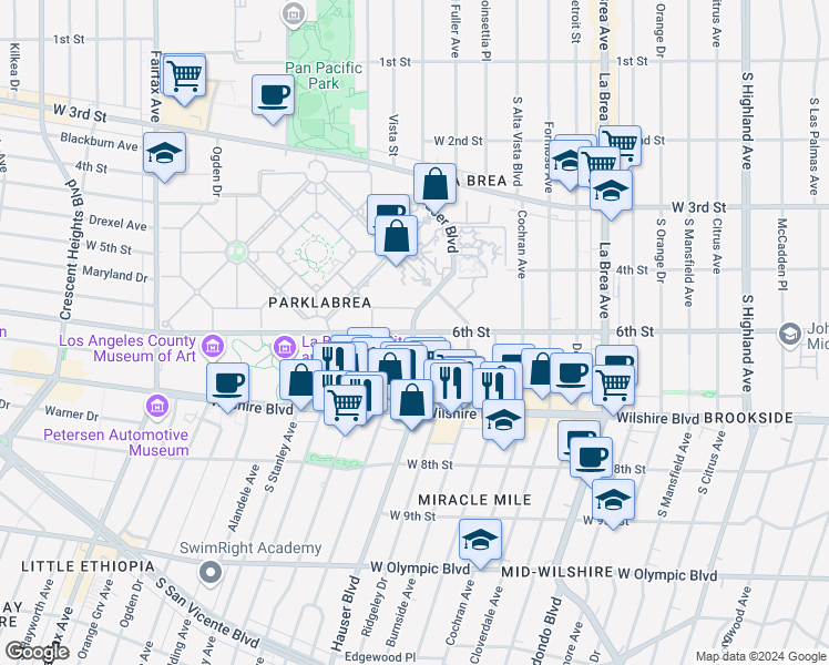 map of restaurants, bars, coffee shops, grocery stores, and more near in Los Angeles