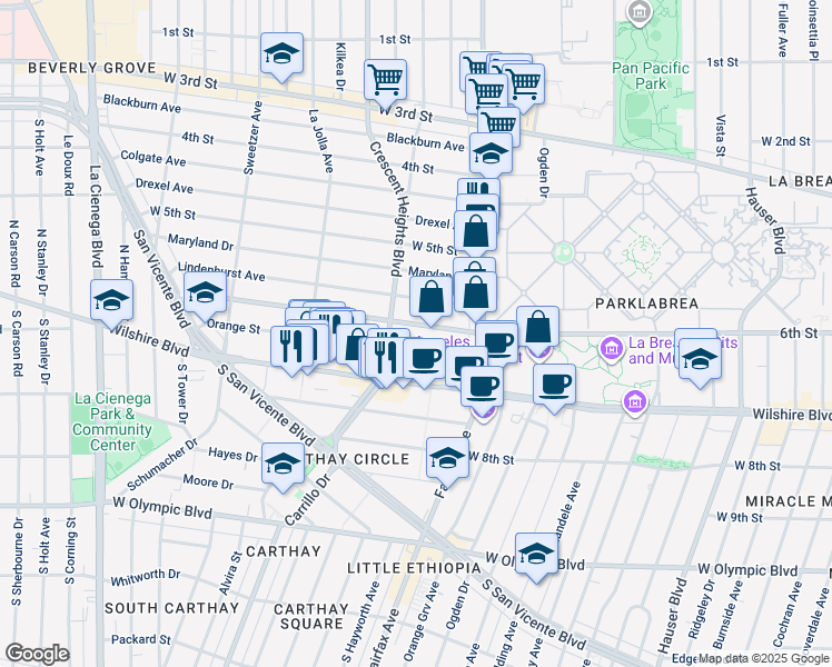 map of restaurants, bars, coffee shops, grocery stores, and more near 6204 West 6th Street in Los Angeles
