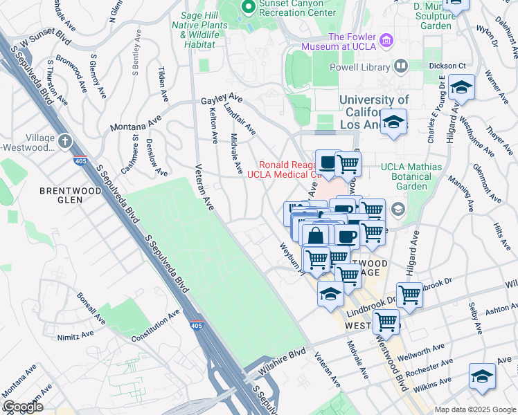 map of restaurants, bars, coffee shops, grocery stores, and more near 11024 Strathmore Drive in Los Angeles
