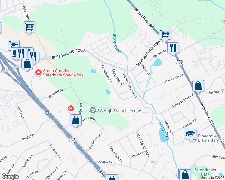 map of restaurants, bars, coffee shops, grocery stores, and more near 4633 Faulkland Road in Columbia