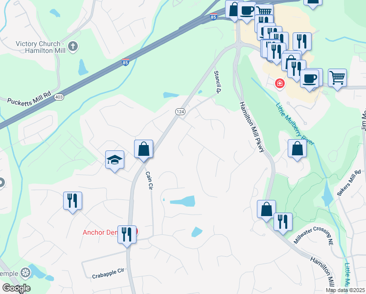 map of restaurants, bars, coffee shops, grocery stores, and more near 2374 Whitehouse Road in Dacula