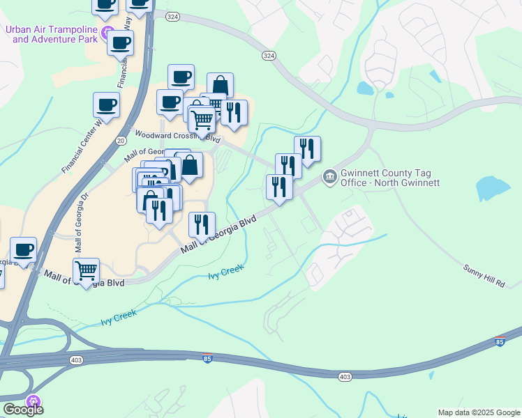 map of restaurants, bars, coffee shops, grocery stores, and more near 2620 Mall of Georgia Boulevard in Buford