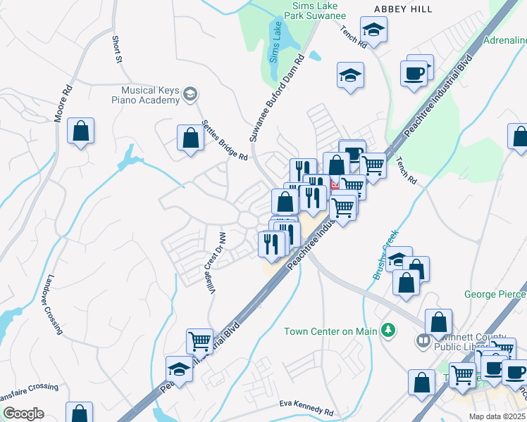 map of restaurants, bars, coffee shops, grocery stores, and more near 4371 Grove Field Park Northwest in Suwanee