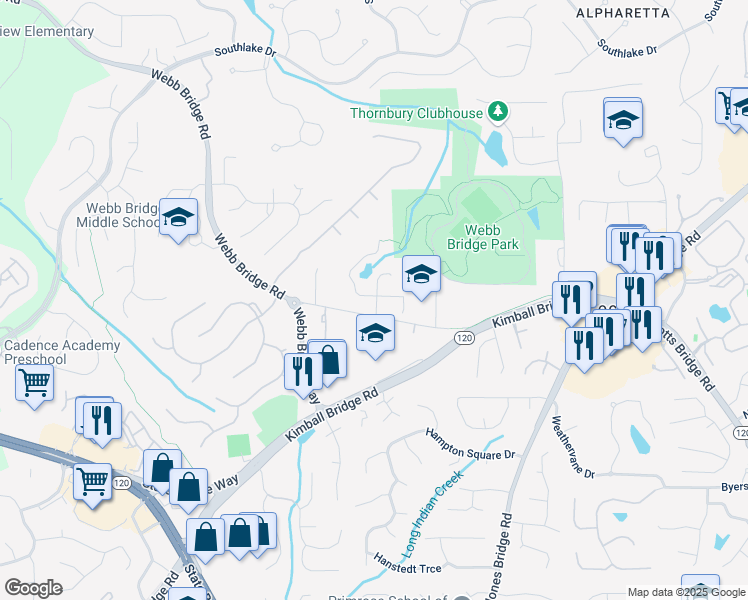 map of restaurants, bars, coffee shops, grocery stores, and more near 11644 Parkside Avenue in Alpharetta