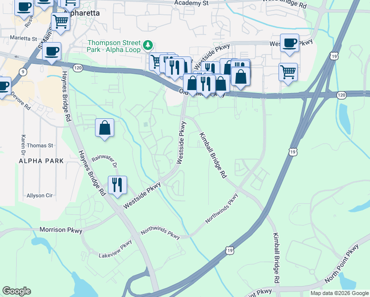 map of restaurants, bars, coffee shops, grocery stores, and more near 11725 Stratham Drive in Alpharetta