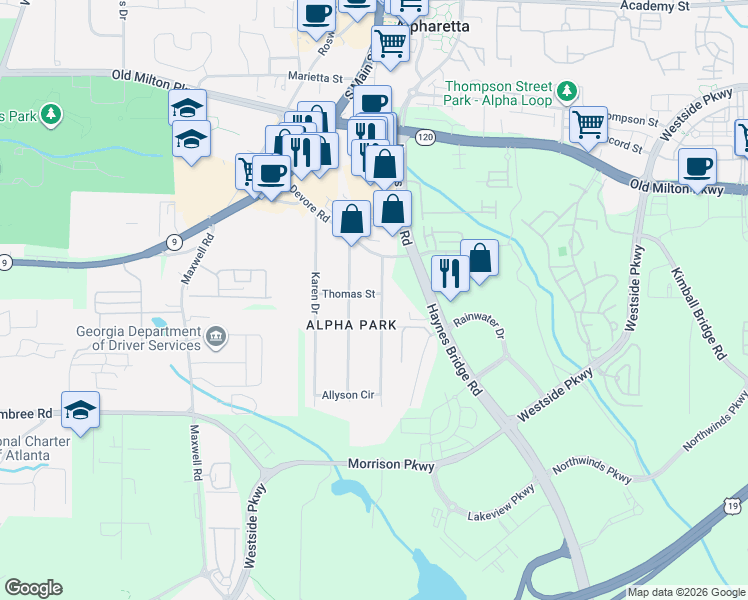 map of restaurants, bars, coffee shops, grocery stores, and more near 388 Michael Drive in Alpharetta