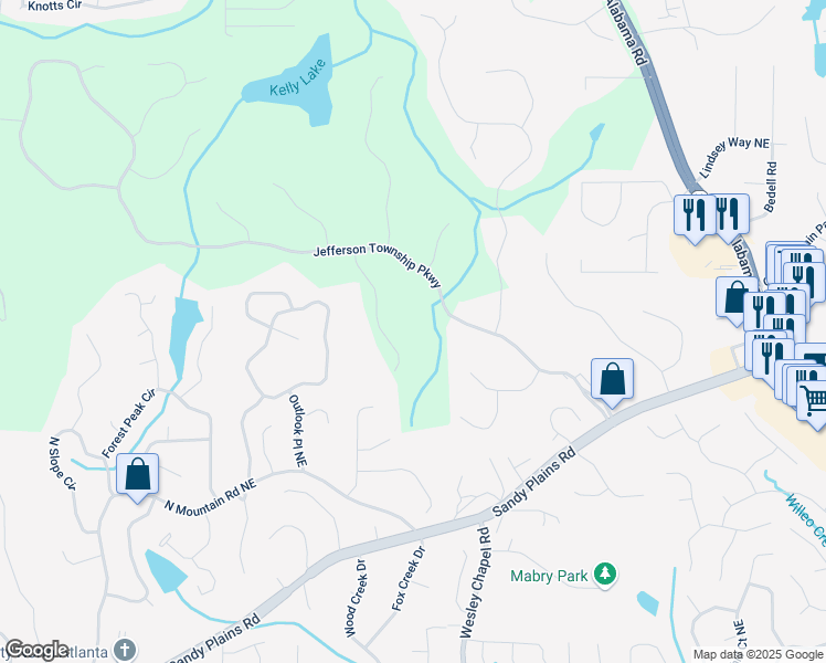 map of restaurants, bars, coffee shops, grocery stores, and more near 4700 Township Walk Northeast in Marietta