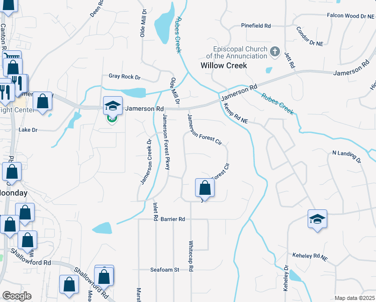 map of restaurants, bars, coffee shops, grocery stores, and more near 1501 Jamerson Landing in Marietta