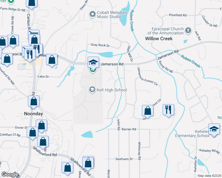 map of restaurants, bars, coffee shops, grocery stores, and more near 1362 Mountain Overlook in Marietta