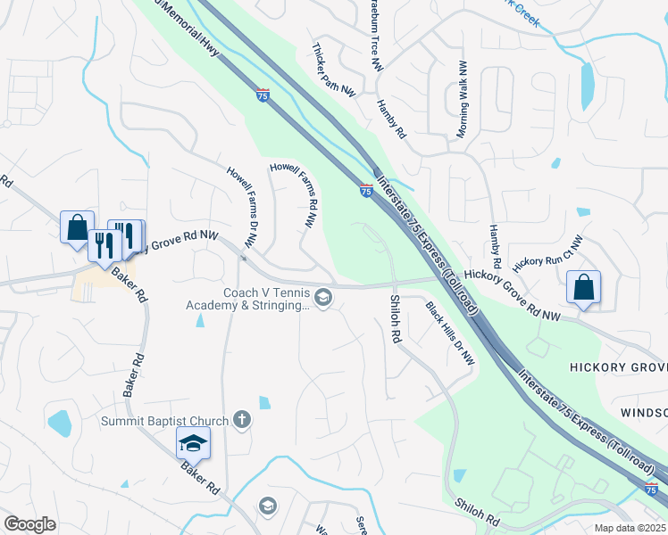 map of restaurants, bars, coffee shops, grocery stores, and more near 4585 Howell Farms Road Northwest in Acworth