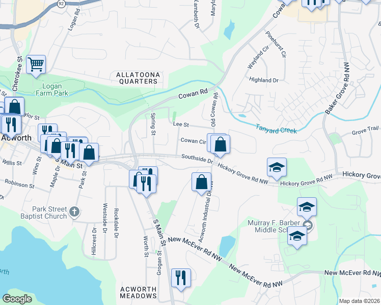 map of restaurants, bars, coffee shops, grocery stores, and more near 3844 Southside Drive in Acworth