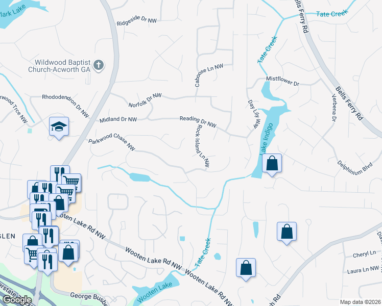 map of restaurants, bars, coffee shops, grocery stores, and more near 4802 Oxford Walk in Acworth