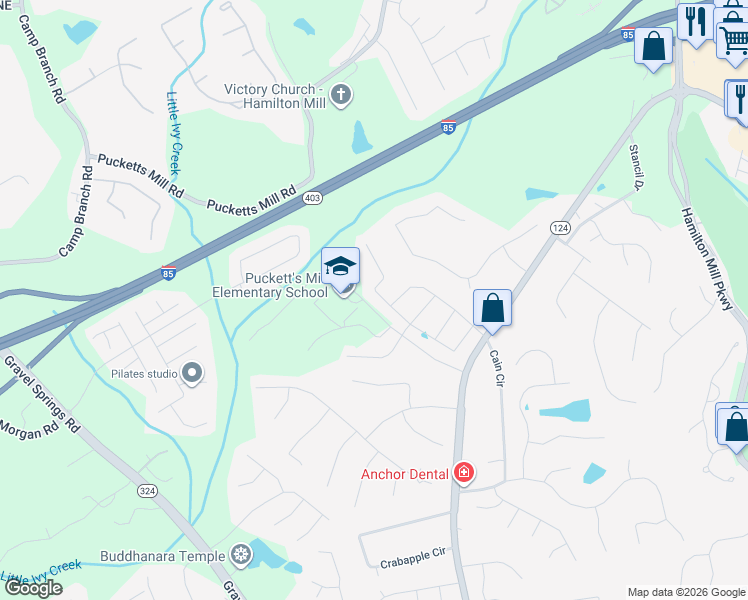 map of restaurants, bars, coffee shops, grocery stores, and more near 2544 Allsborough Way in Dacula