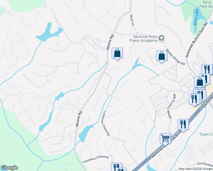 map of restaurants, bars, coffee shops, grocery stores, and more near 4530 Landover Way Northwest in Suwanee