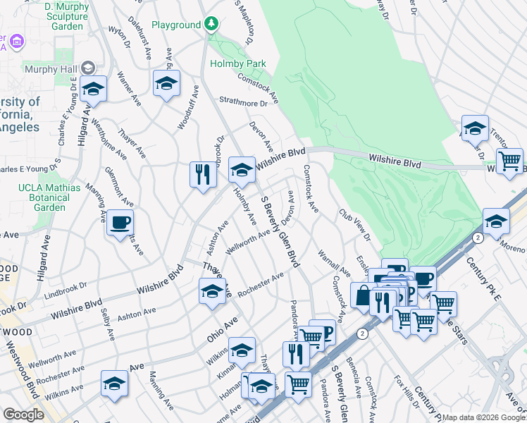 map of restaurants, bars, coffee shops, grocery stores, and more near 1277 South Beverly Glen Boulevard in Los Angeles