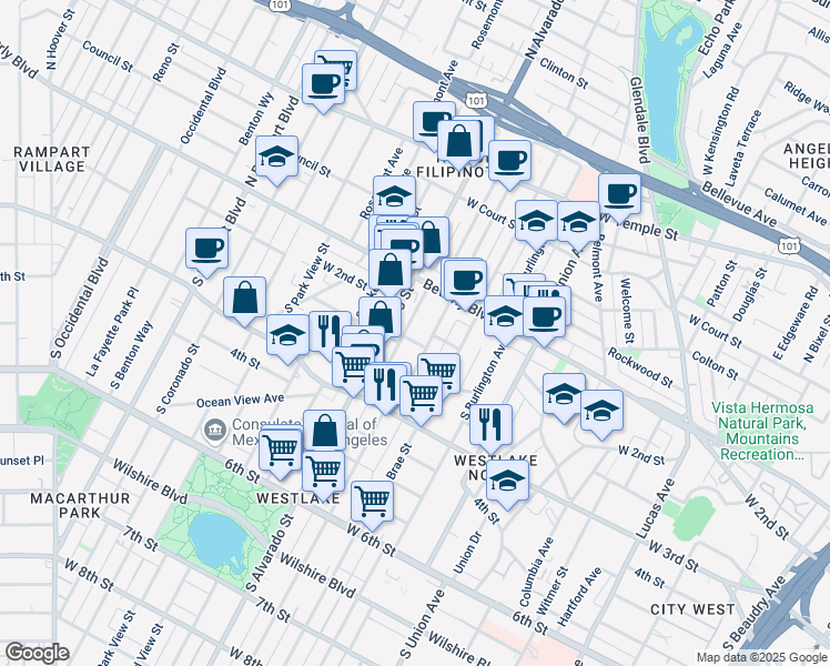 map of restaurants, bars, coffee shops, grocery stores, and more near 152 South Mountain View Avenue in Los Angeles