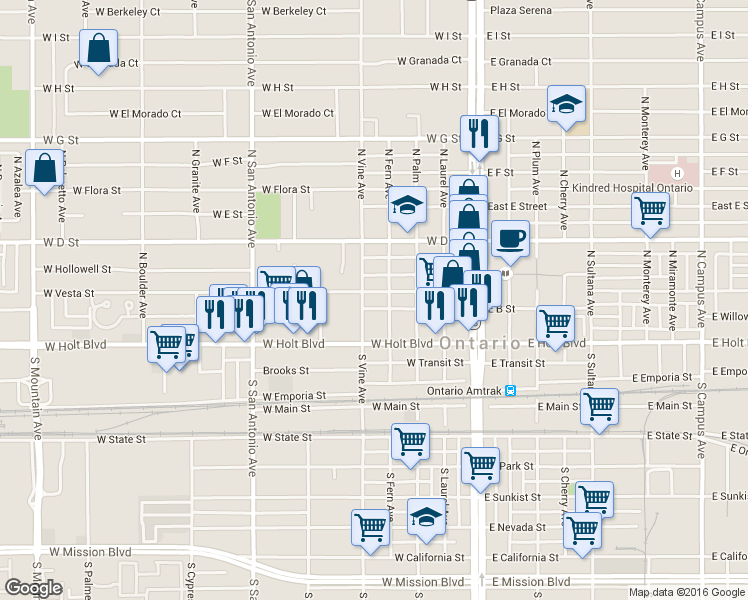 map of restaurants, bars, coffee shops, grocery stores, and more near 418 W B St in Ontario