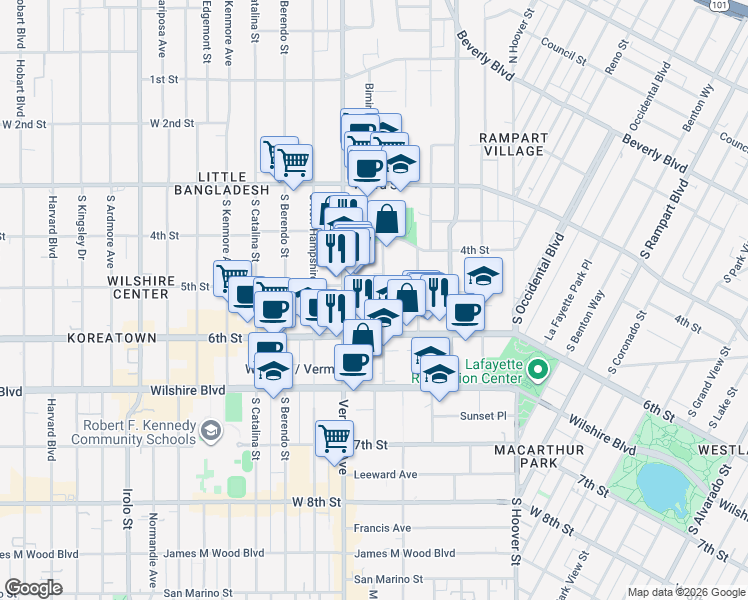 map of restaurants, bars, coffee shops, grocery stores, and more near 505 Shatto Place in Los Angeles