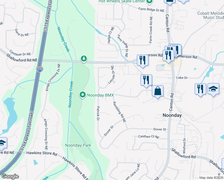 map of restaurants, bars, coffee shops, grocery stores, and more near 4650 Rambling Road Northeast in Kennesaw