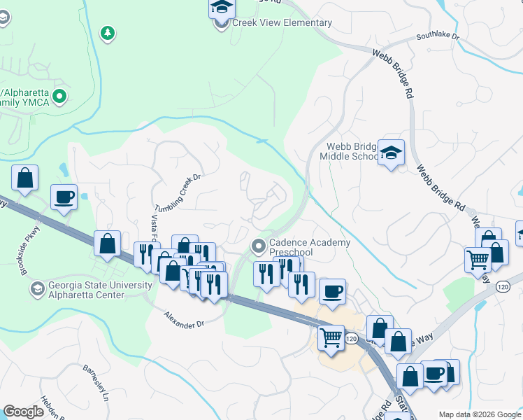 map of restaurants, bars, coffee shops, grocery stores, and more near 680 Park Bridge Parkway in Alpharetta