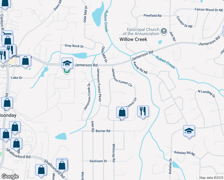 map of restaurants, bars, coffee shops, grocery stores, and more near 1501 Jamerson Landing in Marietta
