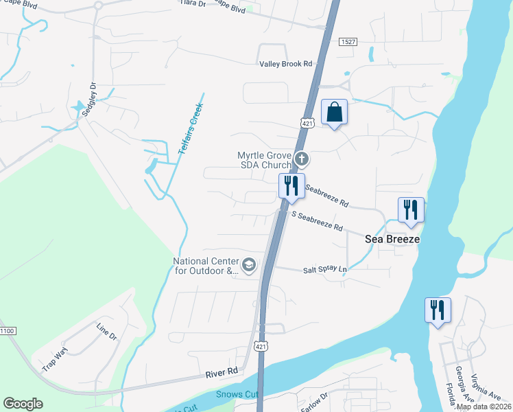 map of restaurants, bars, coffee shops, grocery stores, and more near 716 Ocracoke Drive in Wilmington