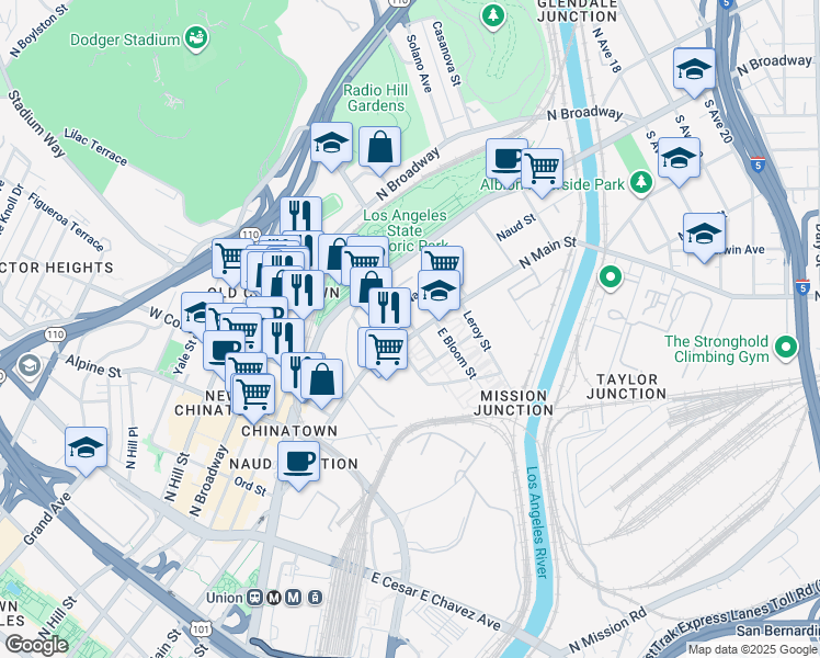 map of restaurants, bars, coffee shops, grocery stores, and more near 1317 North Main Street in Los Angeles