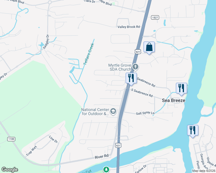 map of restaurants, bars, coffee shops, grocery stores, and more near 634 Ocracoke Drive in Wilmington