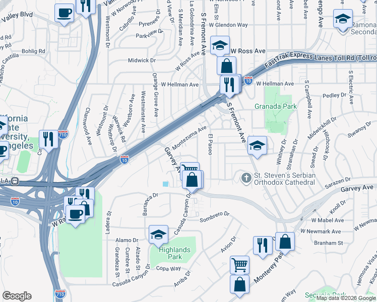 map of restaurants, bars, coffee shops, grocery stores, and more near 2711 Carlos Street in Alhambra