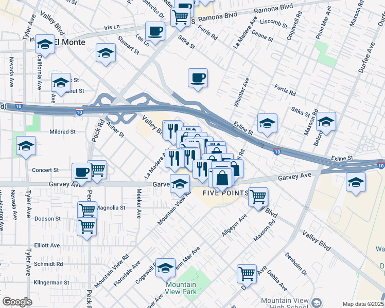 map of restaurants, bars, coffee shops, grocery stores, and more near 11825 Valley Boulevard in El Monte
