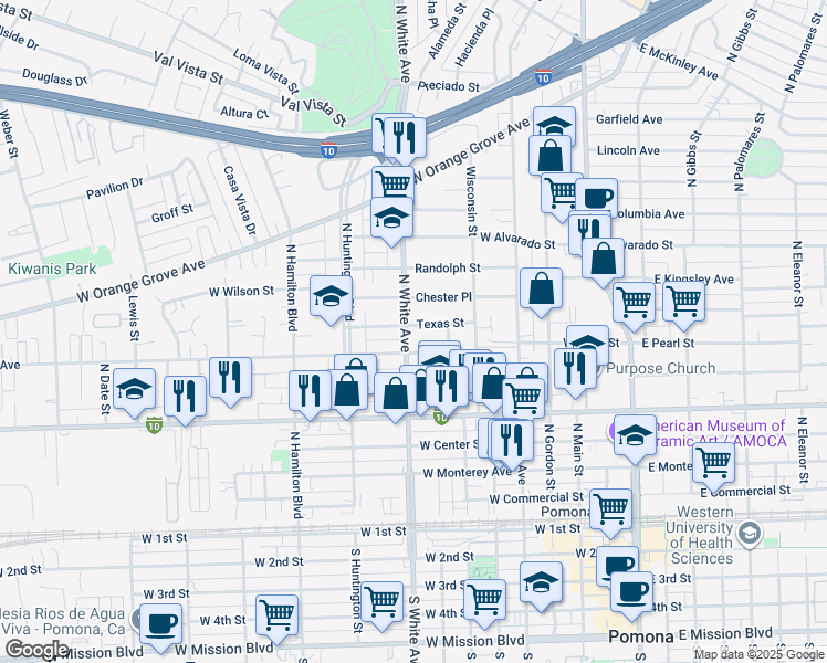 map of restaurants, bars, coffee shops, grocery stores, and more near 596 Texas Street in Pomona