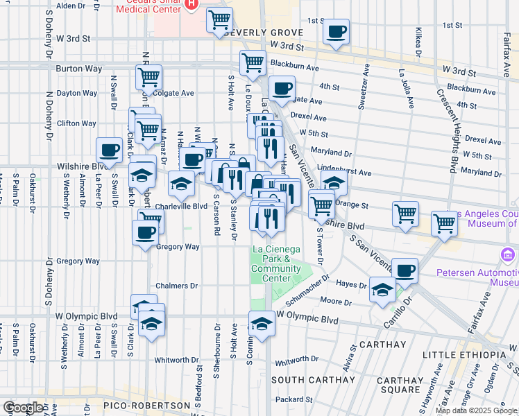 map of restaurants, bars, coffee shops, grocery stores, and more near 8500 Wilshire Boulevard in Beverly Hills