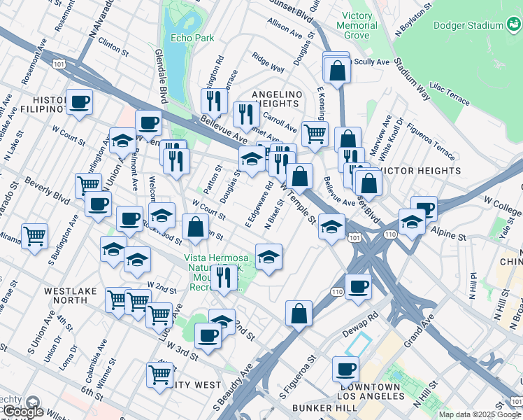 map of restaurants, bars, coffee shops, grocery stores, and more near 342 East Edgeware Road in Los Angeles