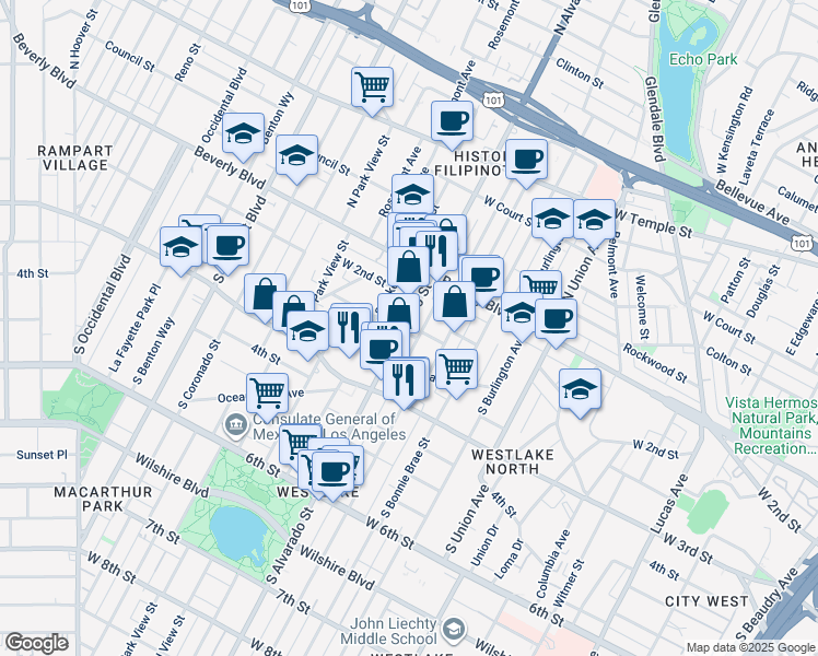 map of restaurants, bars, coffee shops, grocery stores, and more near 166 South Alvarado Street in Los Angeles