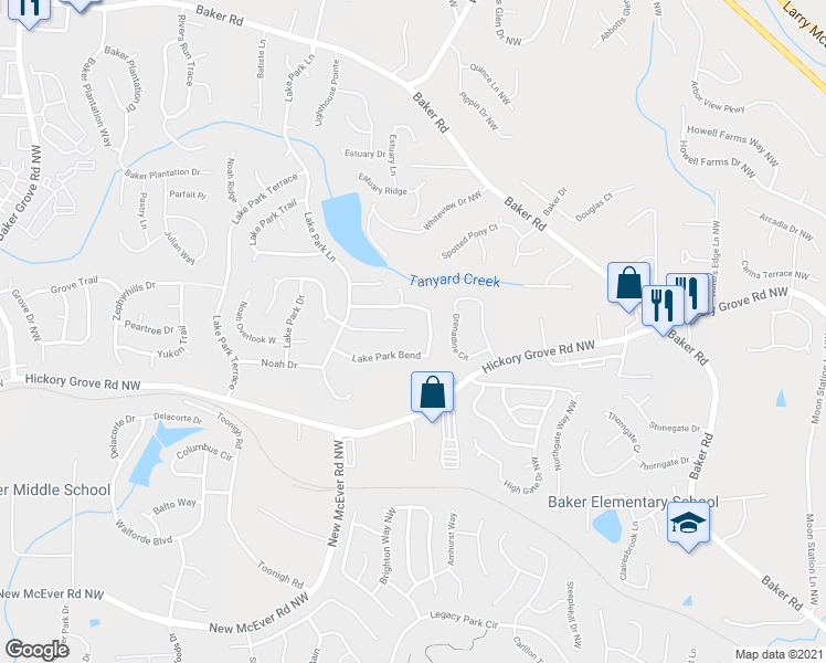 map of restaurants, bars, coffee shops, grocery stores, and more near 2700 Lake Park Ridge East in Acworth