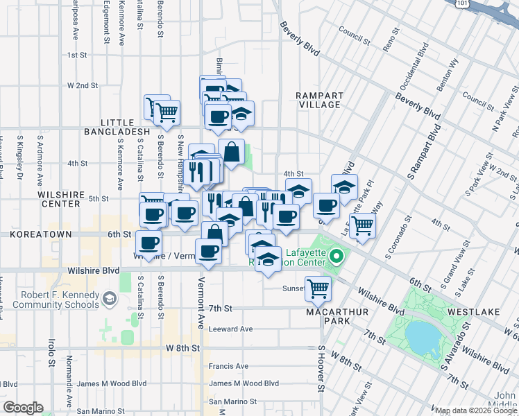map of restaurants, bars, coffee shops, grocery stores, and more near 500 South Westmoreland Avenue in Los Angeles