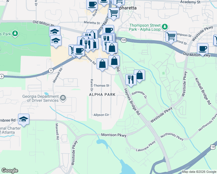 map of restaurants, bars, coffee shops, grocery stores, and more near 388 Michael Drive in Alpharetta
