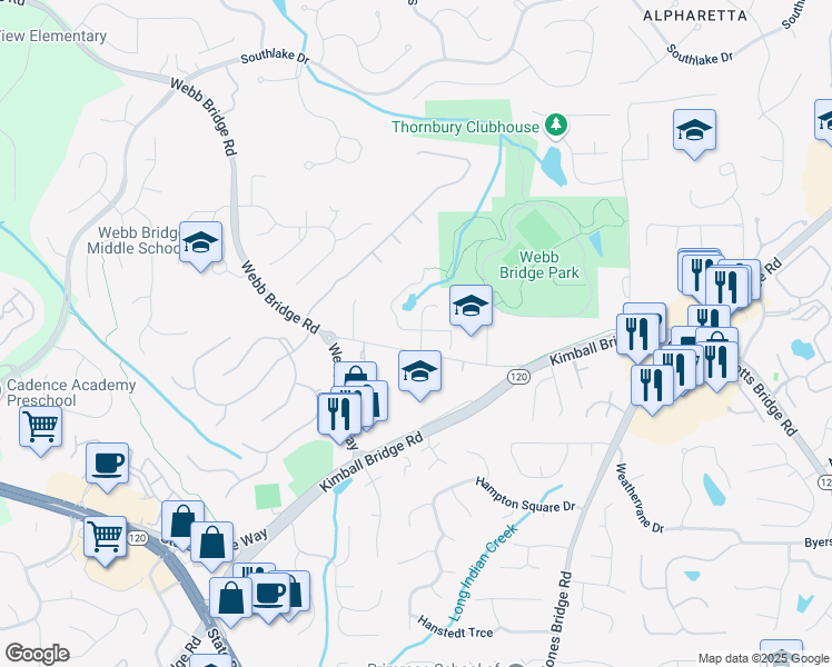 map of restaurants, bars, coffee shops, grocery stores, and more near 11644 Parkside Avenue in Alpharetta