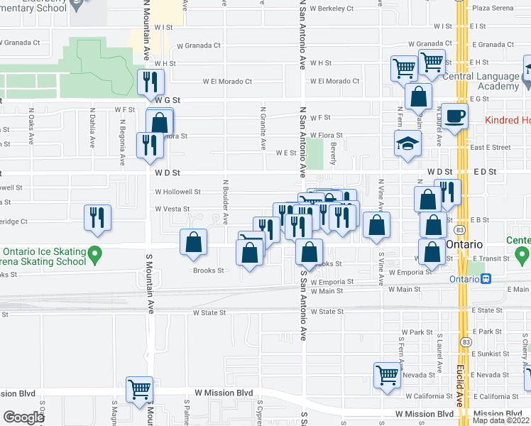 map of restaurants, bars, coffee shops, grocery stores, and more near 767 West Vesta Street in Ontario