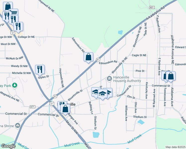 map of restaurants, bars, coffee shops, grocery stores, and more near 320 Linda Warren Circle Northeast in Hanceville
