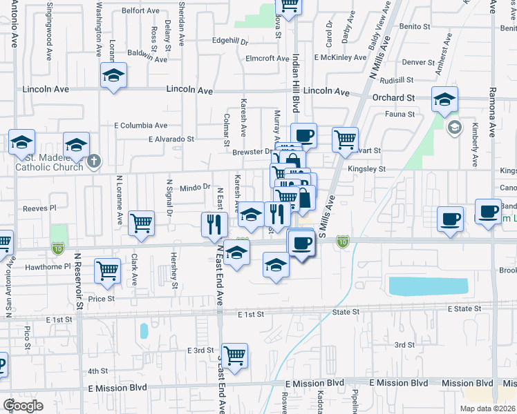 map of restaurants, bars, coffee shops, grocery stores, and more near 640 Abbey Lane in Pomona