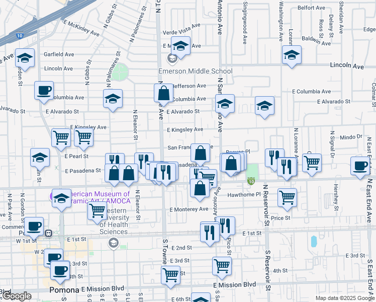 map of restaurants, bars, coffee shops, grocery stores, and more near 678 San Francisco Avenue in Pomona
