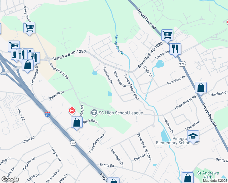 map of restaurants, bars, coffee shops, grocery stores, and more near 4633 Faulkland Road in Columbia