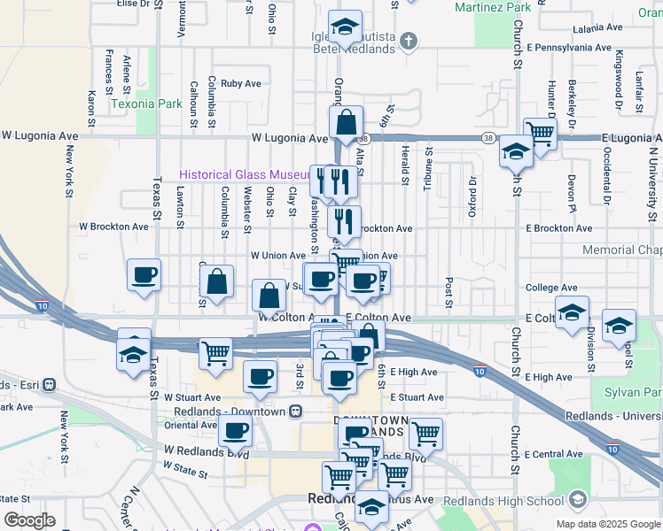 map of restaurants, bars, coffee shops, grocery stores, and more near 927 Orange Street in Redlands