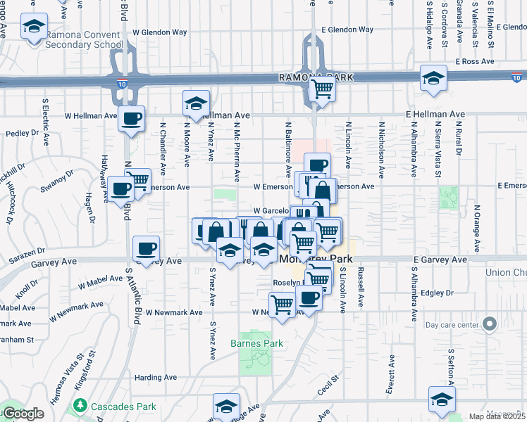 map of restaurants, bars, coffee shops, grocery stores, and more near N Huntington Ave & Garcelon Ave in Monterey Park
