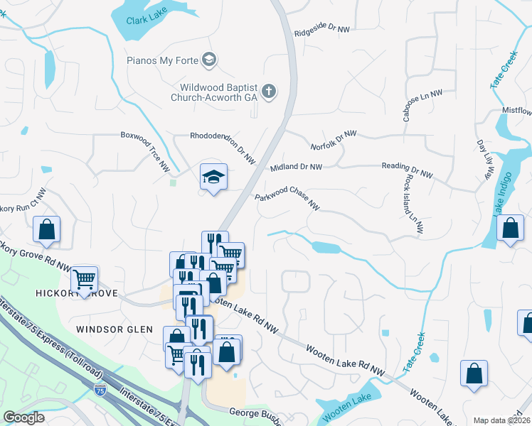 map of restaurants, bars, coffee shops, grocery stores, and more near 4646 Adams Lane Northwest in Acworth