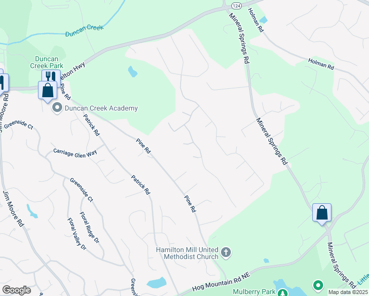 map of restaurants, bars, coffee shops, grocery stores, and more near 3987 Ivory Gables Place Northeast in Buford