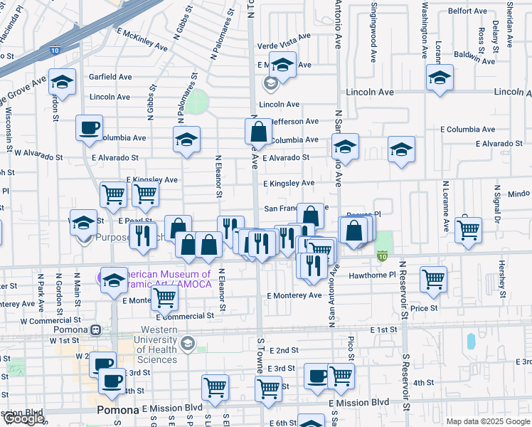 map of restaurants, bars, coffee shops, grocery stores, and more near 610 San Francisco Avenue in Pomona
